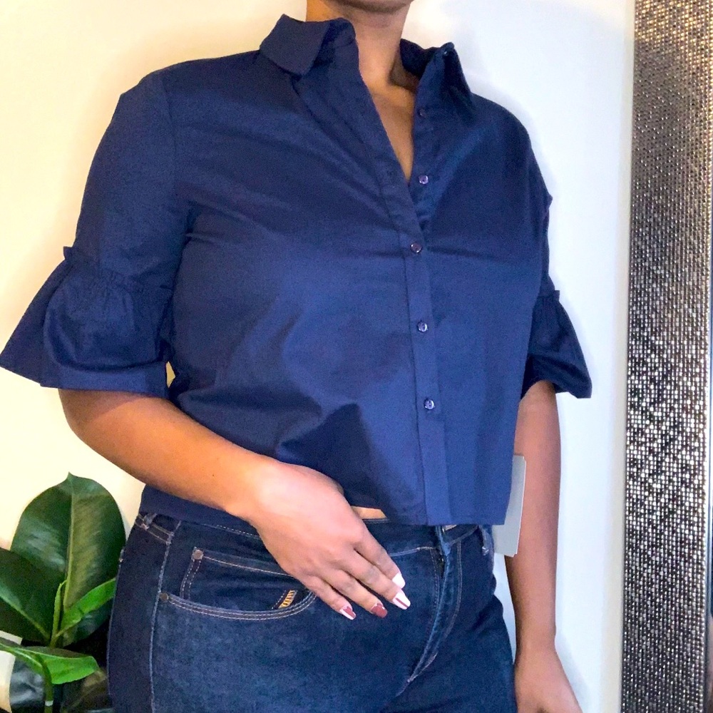 Ruffle Sleeve Button Down Crop
